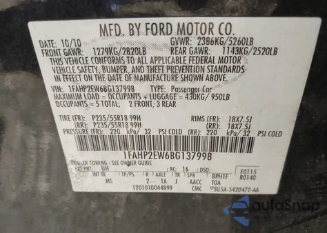 2011 Ford Taurus Sel z USA, uszkodzony, nr VIN 1FAHP2EW6BG137998